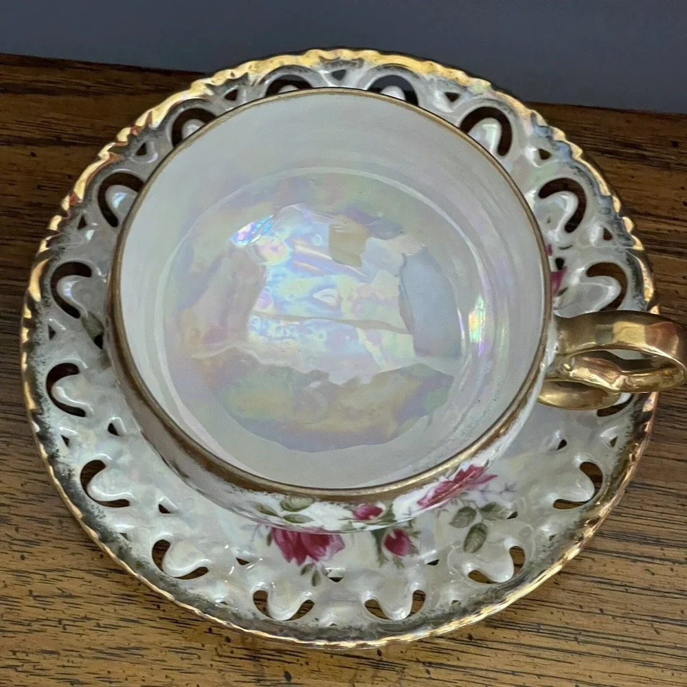 Vintage Royal Sealy China Three Ring Footed Cup &‎ Saucer Iridescent Gold Roses